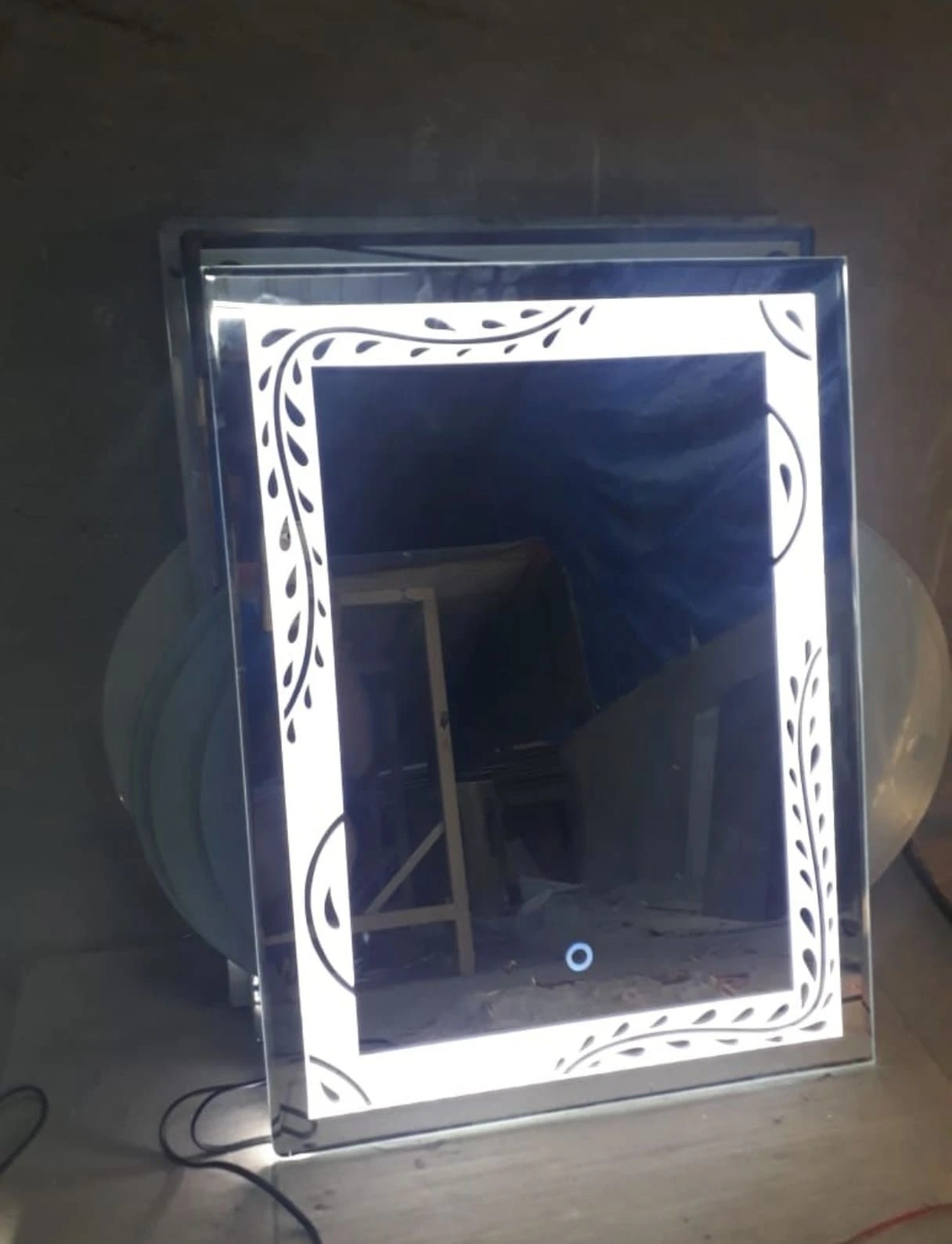 Square LED mirror with floral leaf art border design in Bangalore